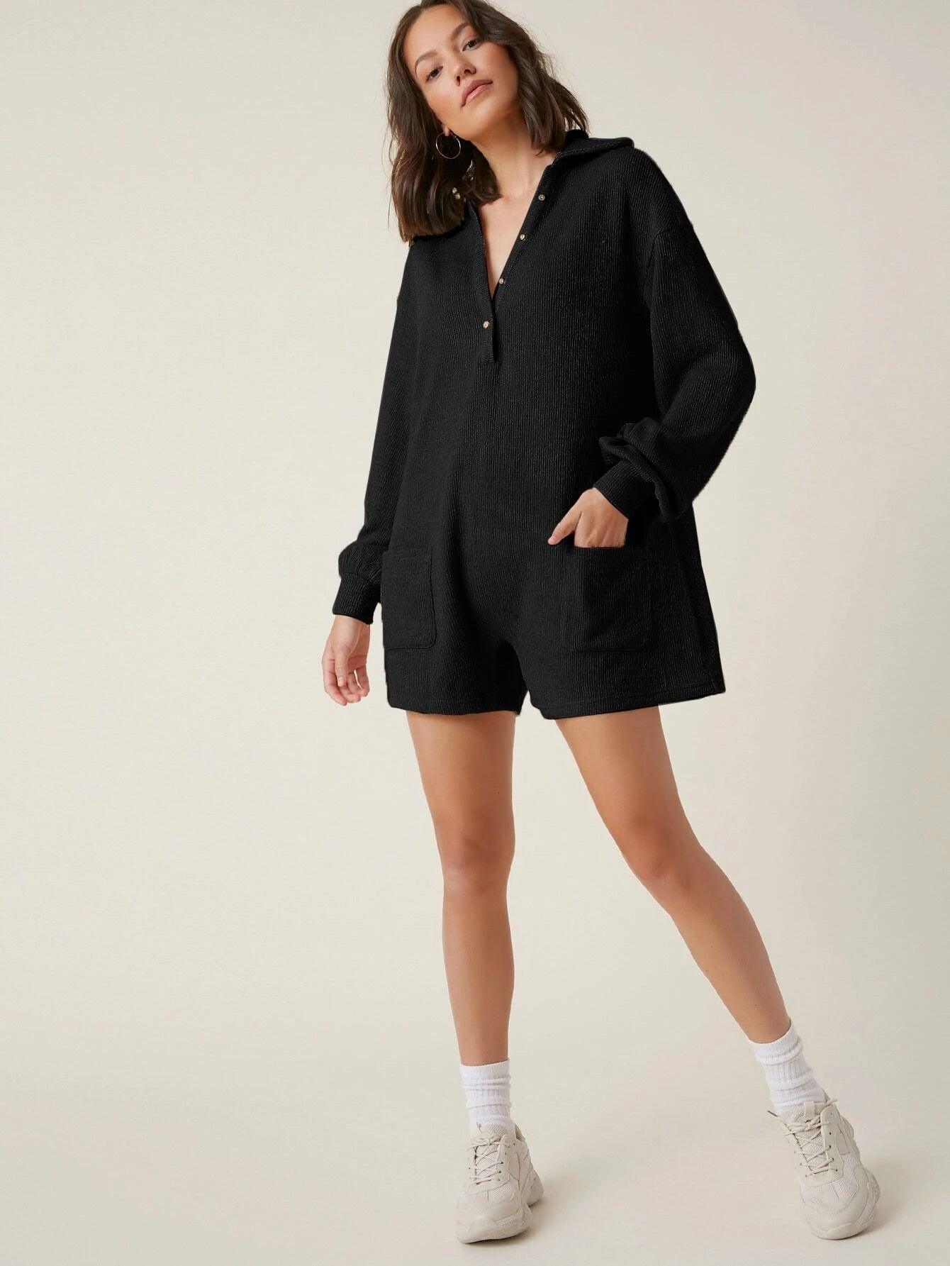 Sleeve Pocket Front Button Half Placket Romper-Comfy Jumpsuits