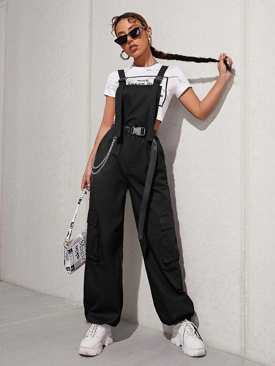 Chain Detail Flap Pocket Buckle Belted Overall Jumpsuit Without Tee-Comfy Jumpsuits