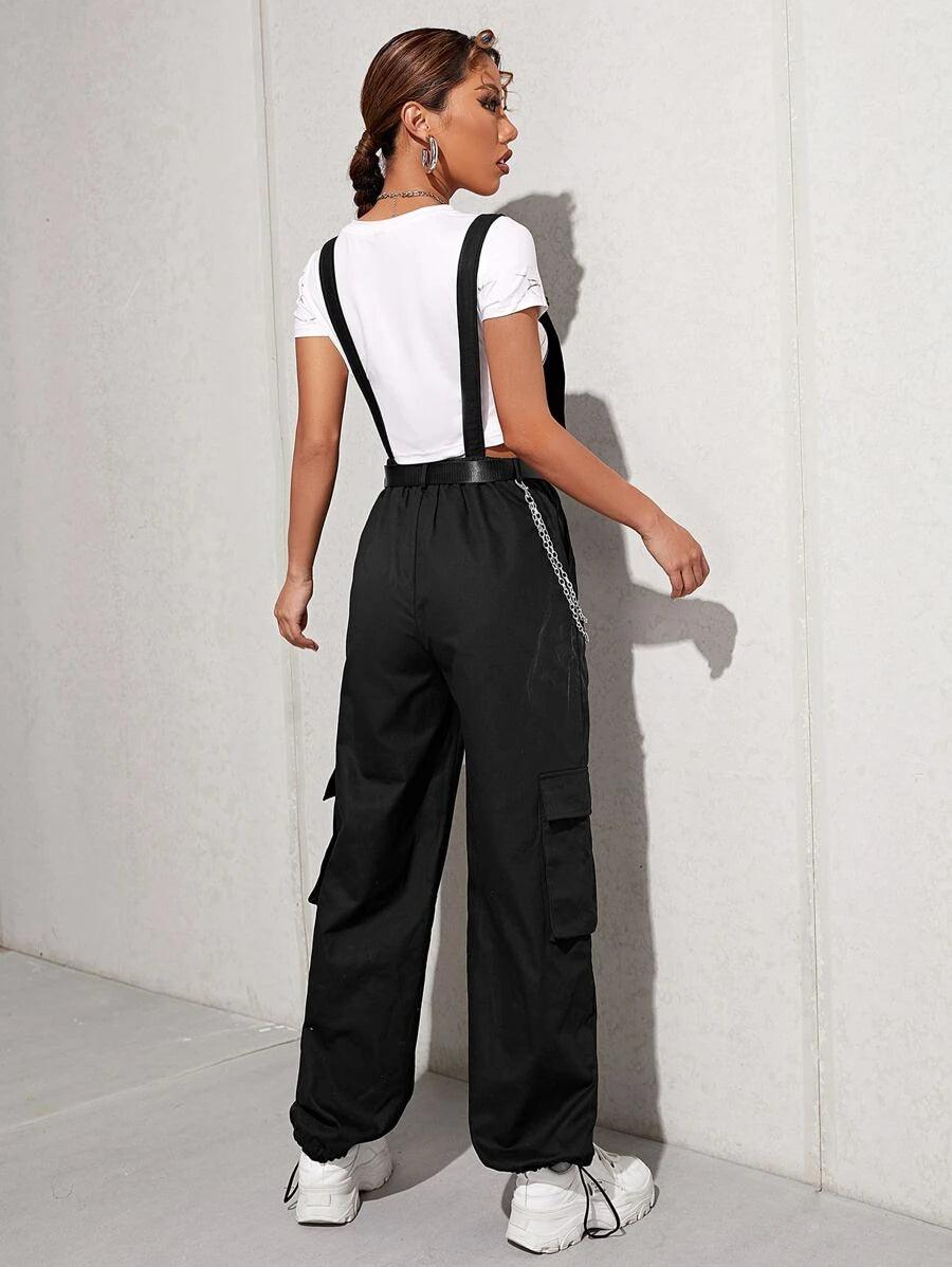 Chain Detail Flap Pocket Buckle Belted Overall Jumpsuit Without Tee-Comfy Jumpsuits