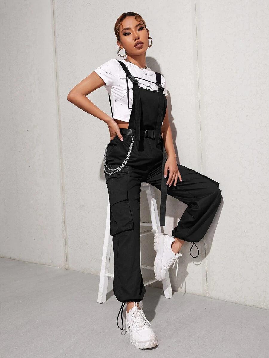 Chain Detail Flap Pocket Buckle Belted Overall Jumpsuit Without Tee-Comfy Jumpsuits