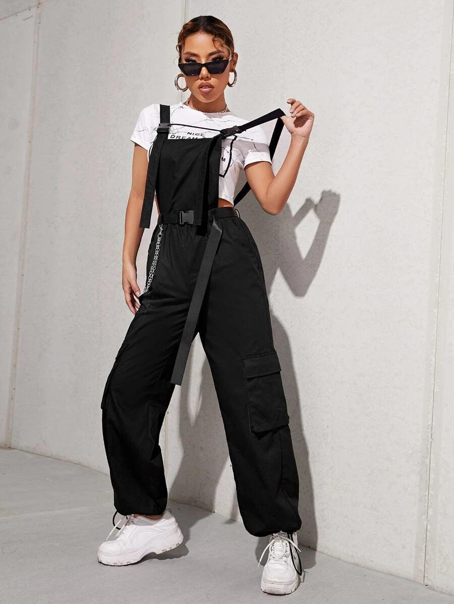 Chain Detail Flap Pocket Buckle Belted Overall Jumpsuit Without Tee-Comfy Jumpsuits