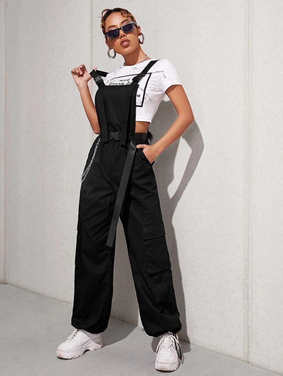 Chain Detail Flap Pocket Buckle Belted Overall Jumpsuit Without Tee-Comfy Jumpsuits