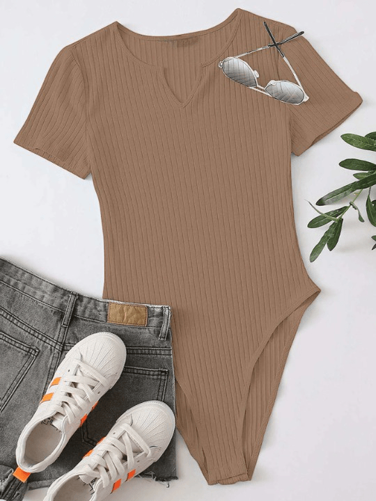 Notched Neck Rib-knit Bodysuit-Comfy Jumpsuits
