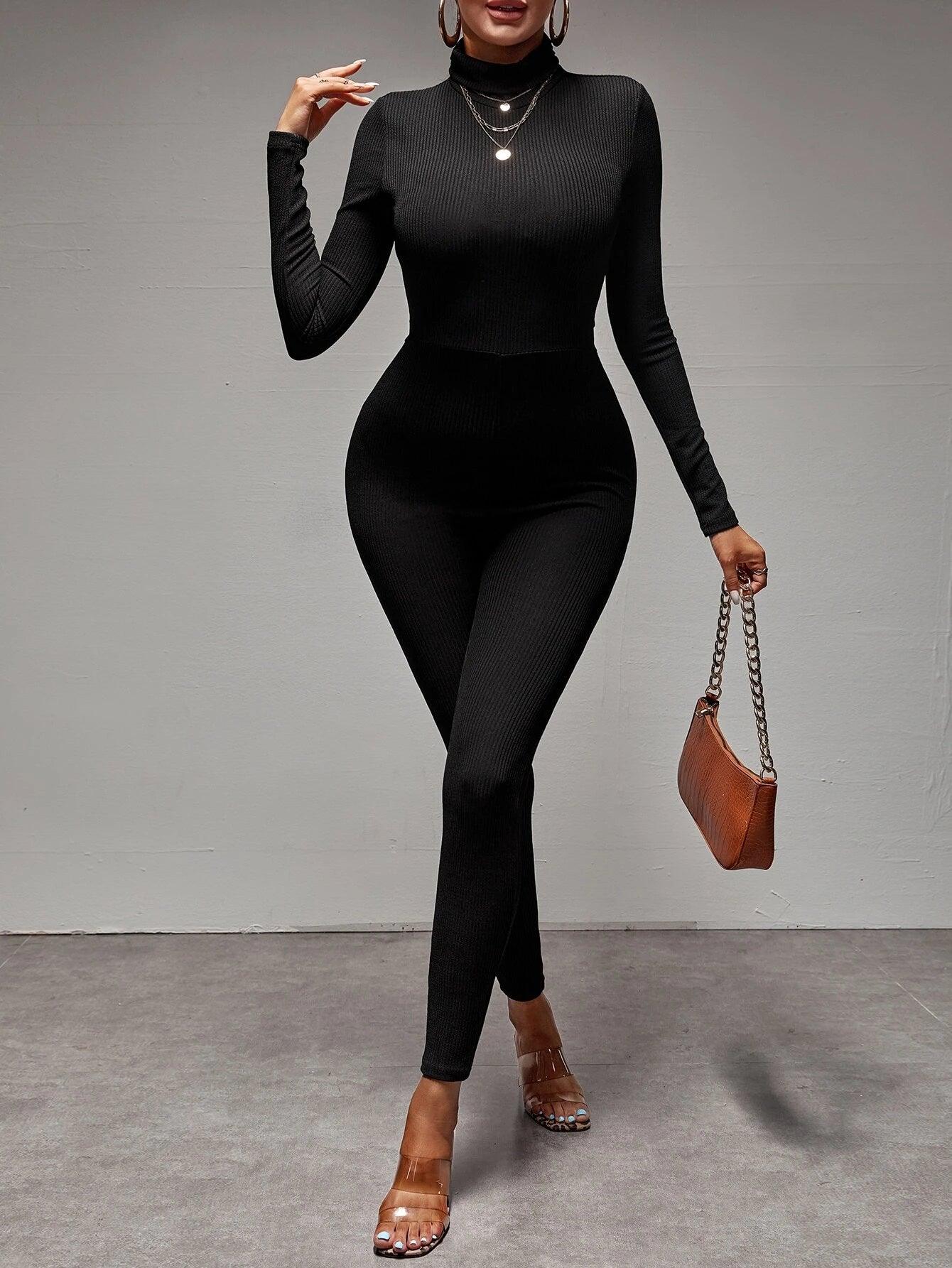 Solid Turtleneck Backless Jumpsuit-Comfy Jumpsuits