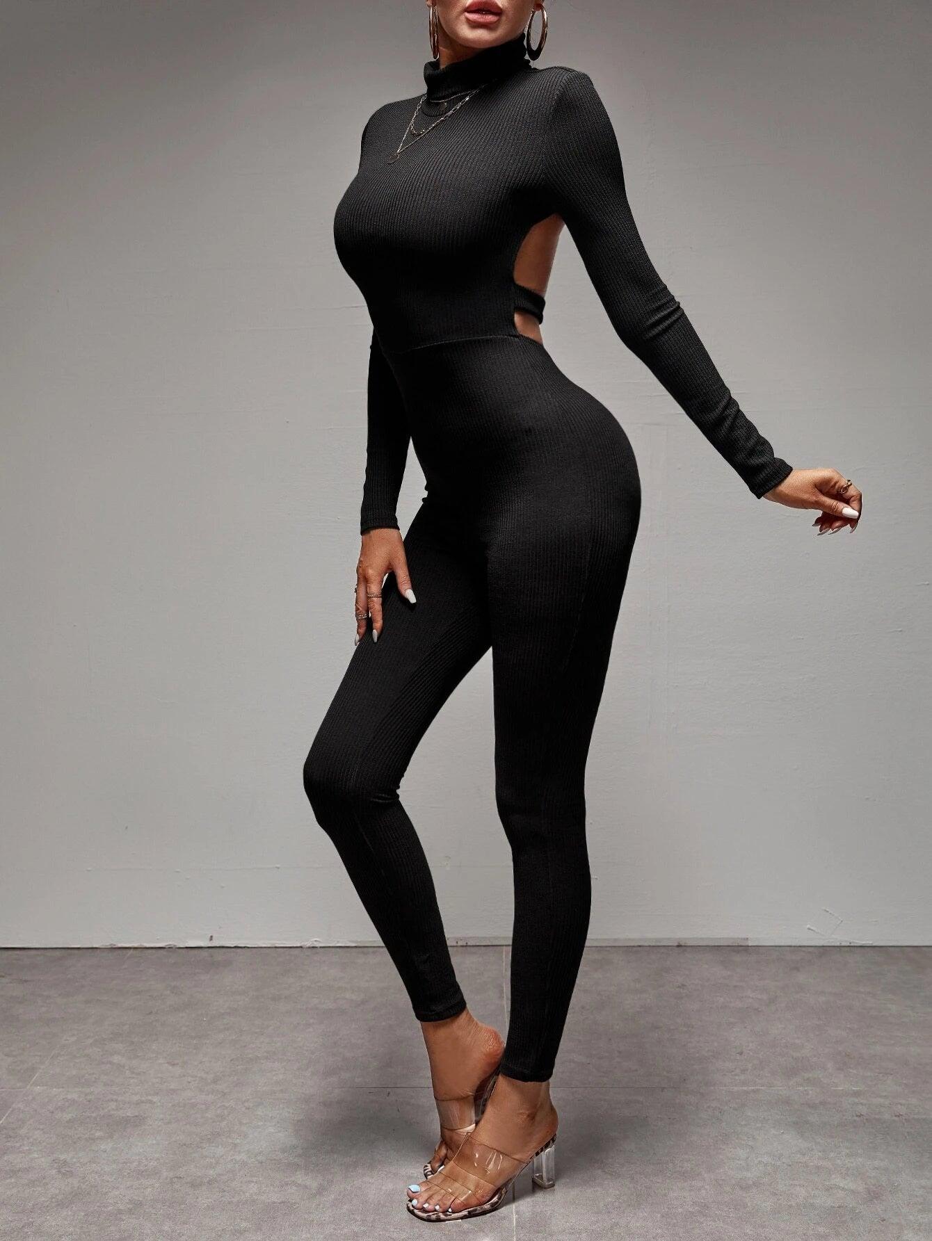 Solid Turtleneck Backless Jumpsuit-Comfy Jumpsuits