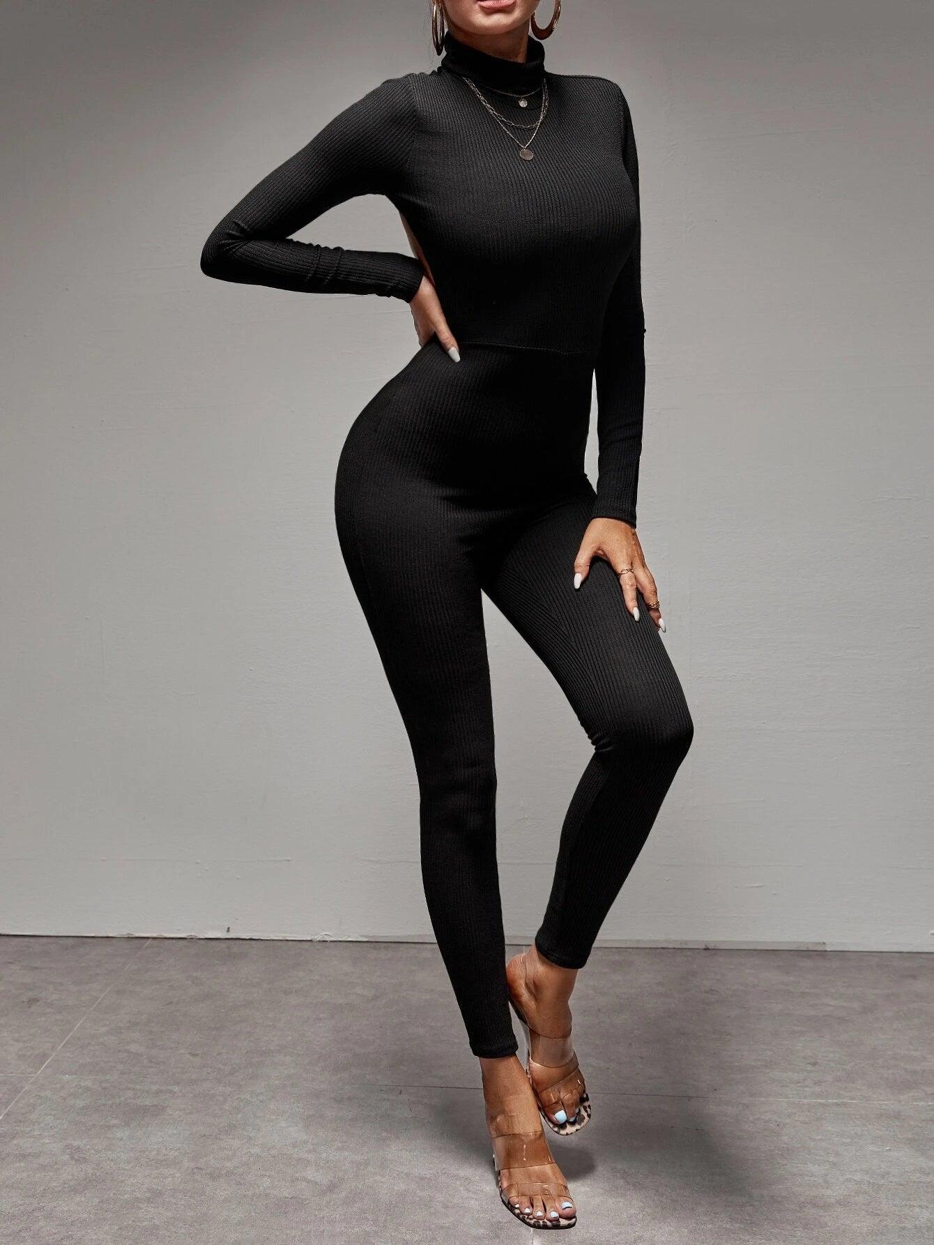 Solid Turtleneck Backless Jumpsuit-Comfy Jumpsuits