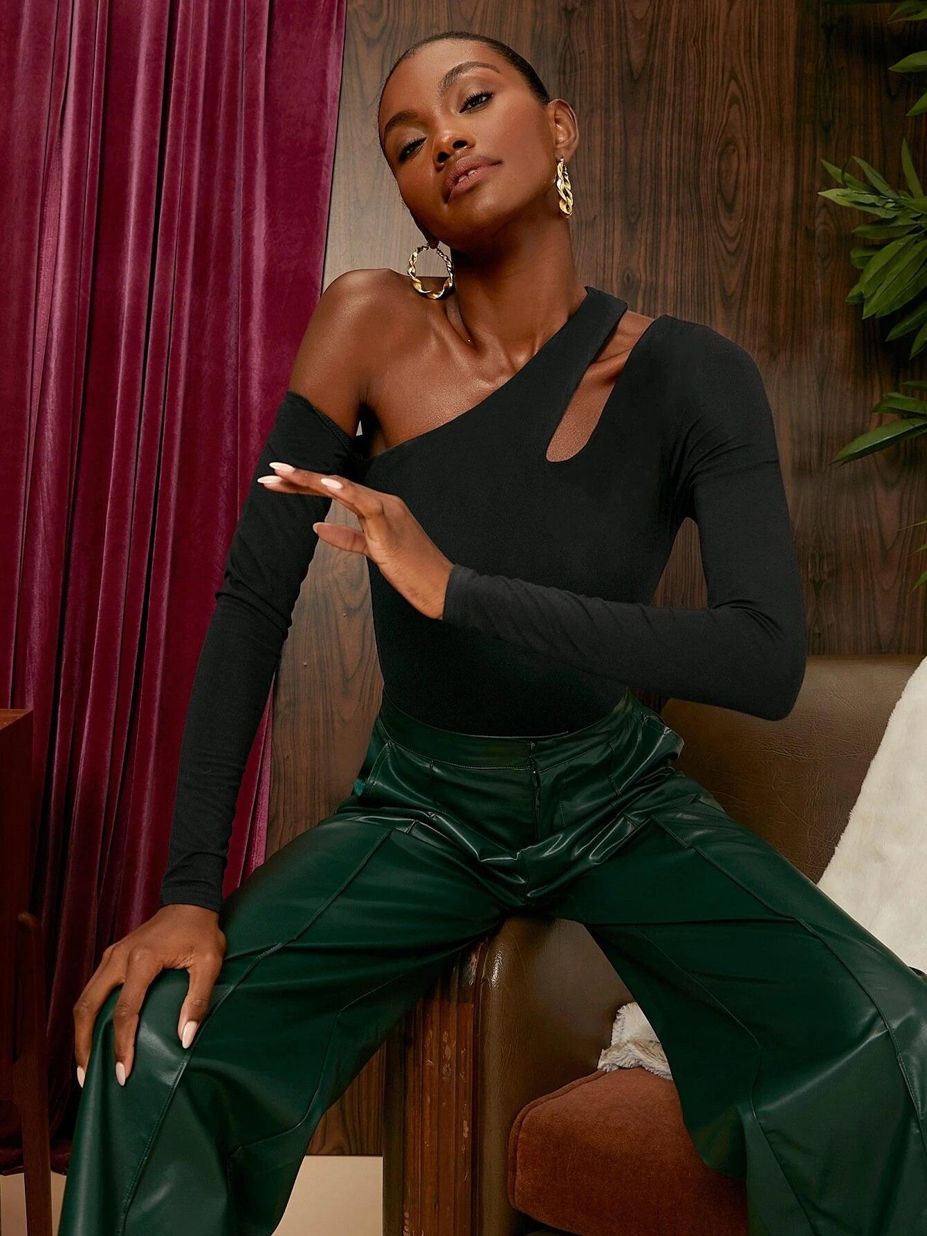 Long Sleeve Cut Out Neck Bodysuit-Comfy Jumpsuits