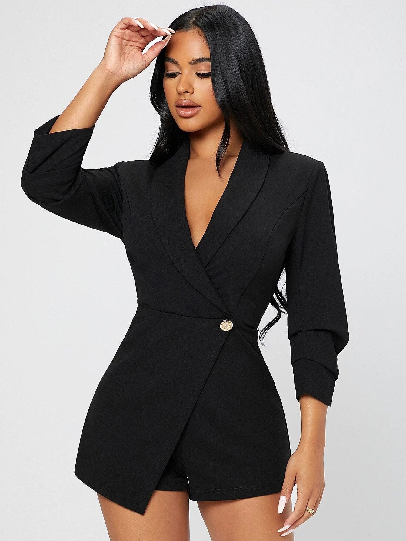 Solid Shawl Collar Wrap Romper-Comfy Jumpsuits