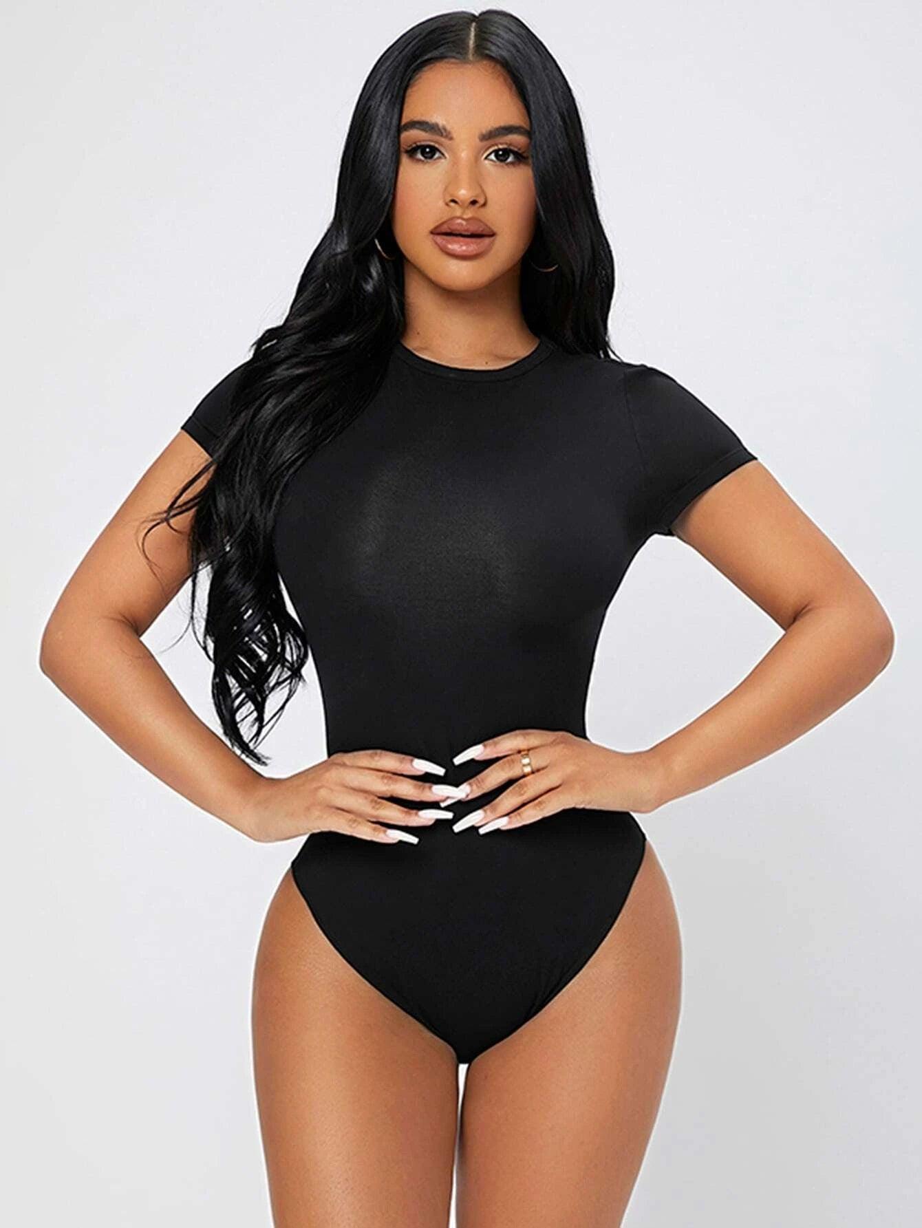 Solid Colored Round Neck Bodysuit-Comfy Jumpsuits