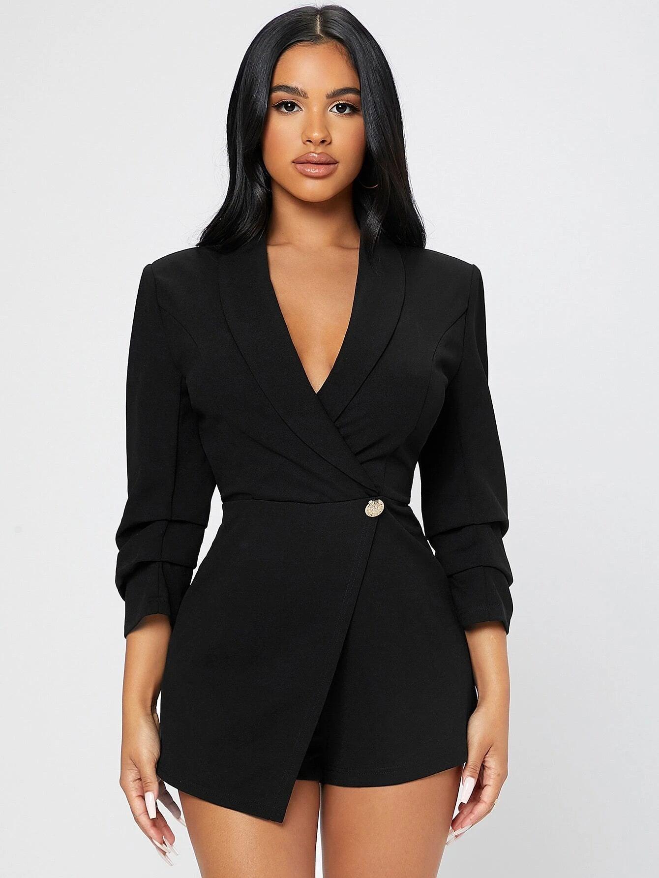Solid Shawl Collar Wrap Romper-Comfy Jumpsuits