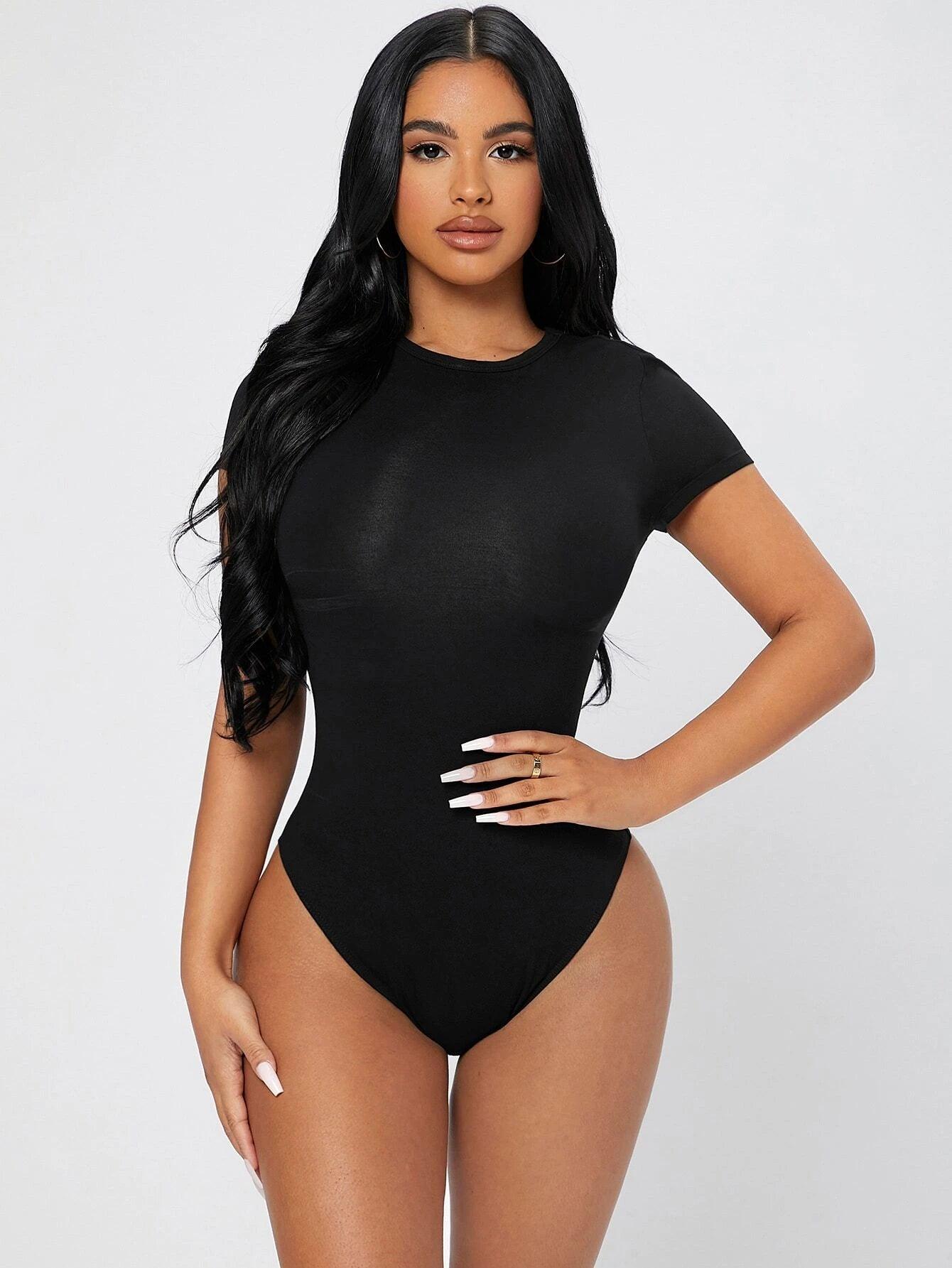 Solid Colored Round Neck Bodysuit-Comfy Jumpsuits