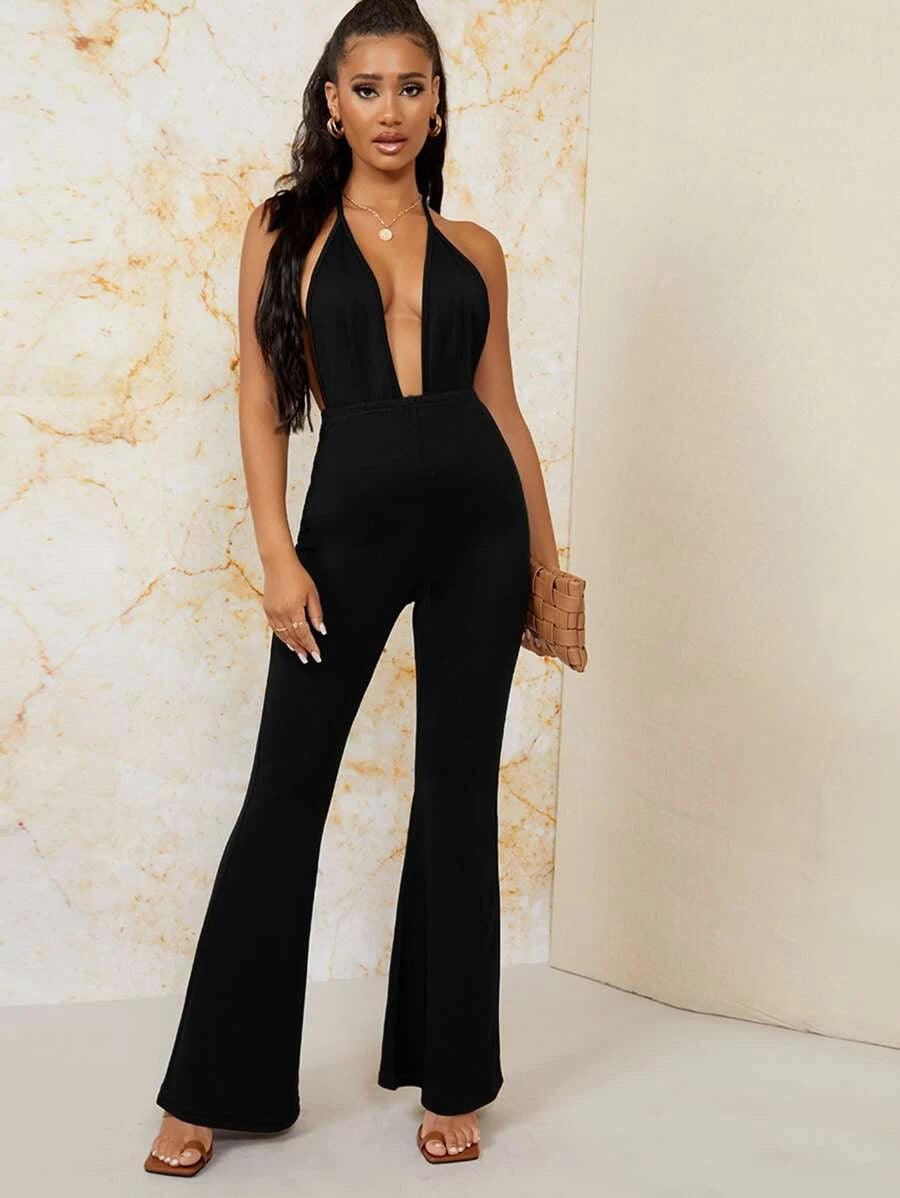 Backless Halter Neck Flare Leg Jumpsuit-Comfy Jumpsuits
