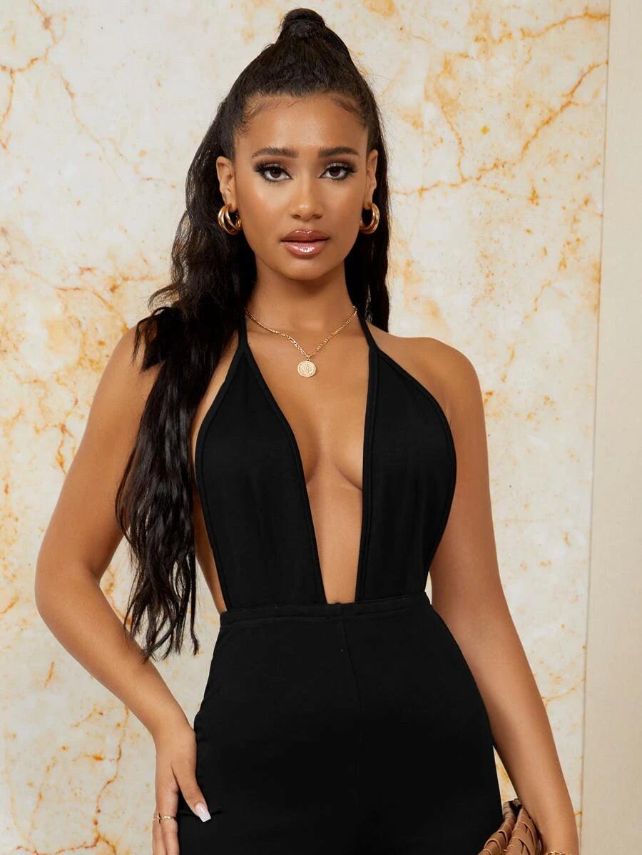 Backless Halter Neck Flare Leg Jumpsuit-Comfy Jumpsuits