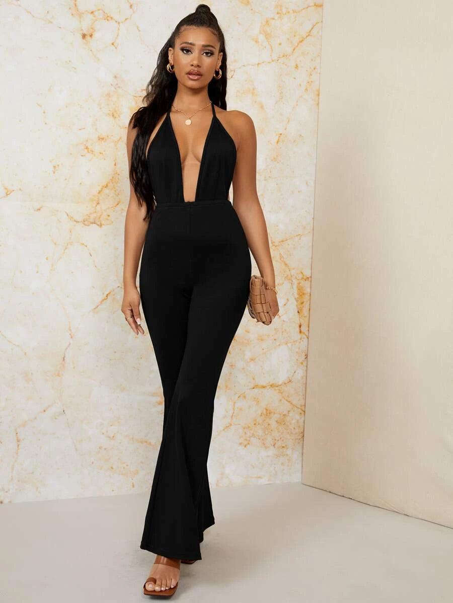 Backless Halter Neck Flare Leg Jumpsuit-Comfy Jumpsuits