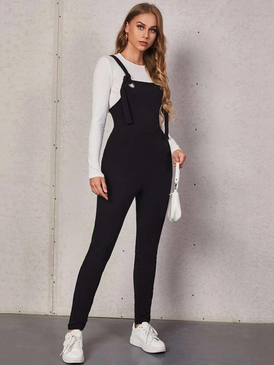 Solid Colored Strap Supported Jumpsuit Without Top-Comfy Jumpsuits