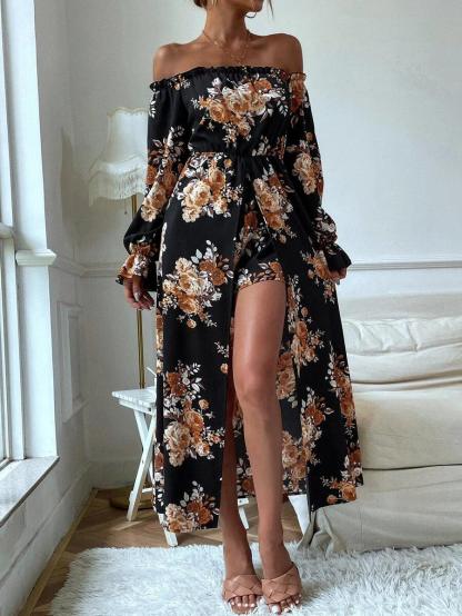 Floral Print Overlay Bardot Romper-Comfy Jumpsuits