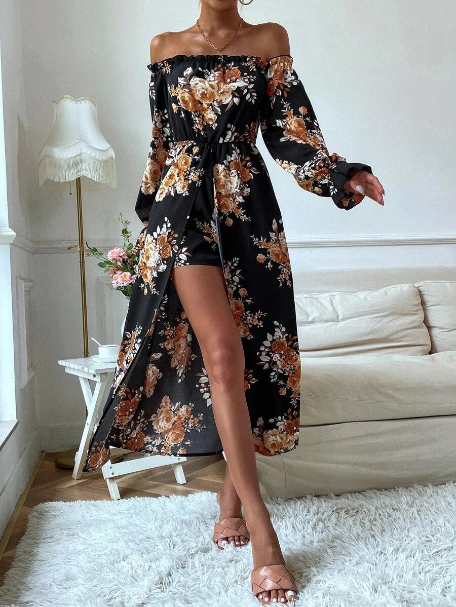Floral Print Overlay Bardot Romper-Comfy Jumpsuits