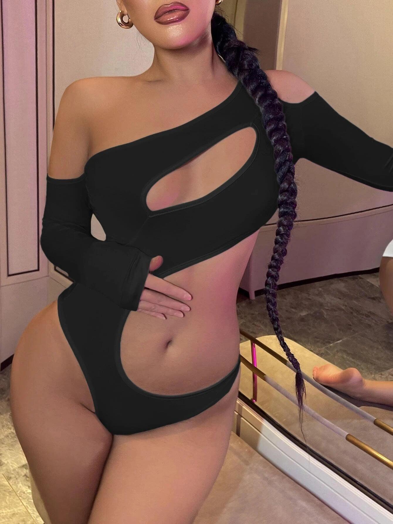 Asymmetrical Neck Cut Out Bodysuit-Comfy Jumpsuits