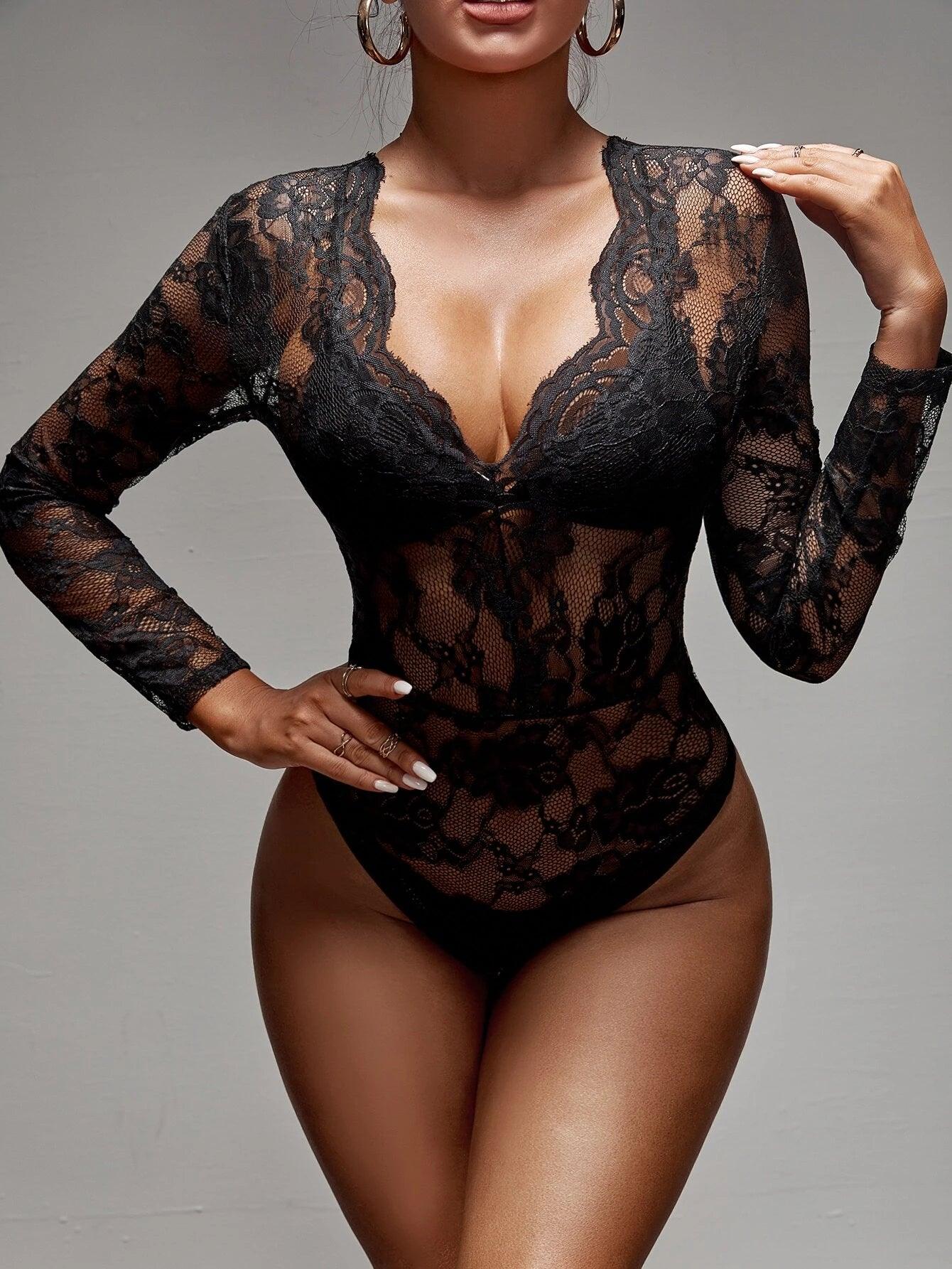 Plunging Neck Lace Bodysuit Without Lingerie-Comfy Jumpsuits