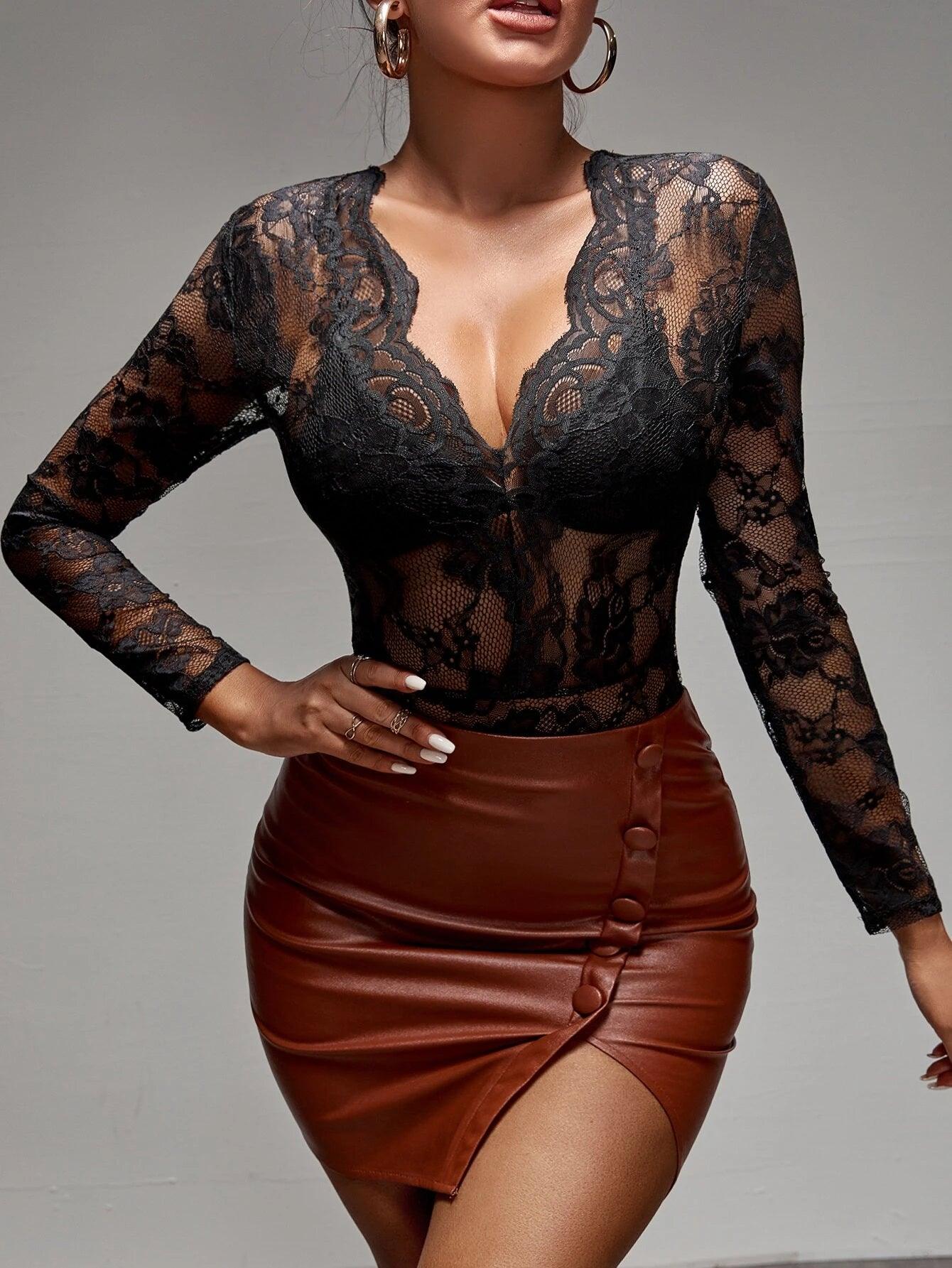 Plunging Neck Lace Bodysuit Without Lingerie-Comfy Jumpsuits