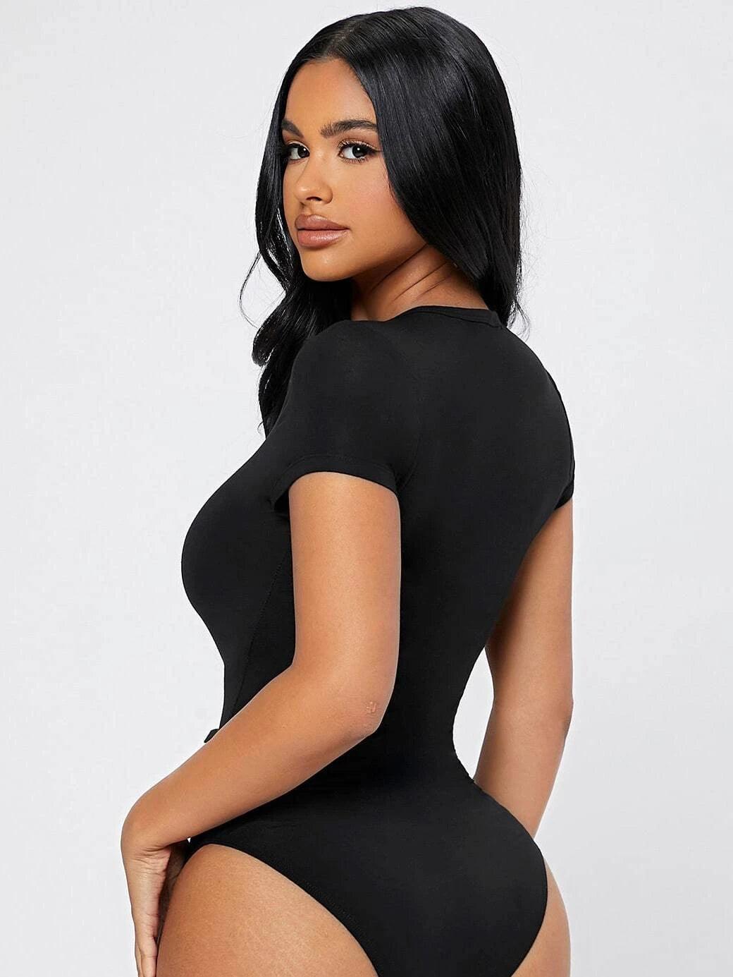 Solid Colored Round Neck Bodysuit-Comfy Jumpsuits