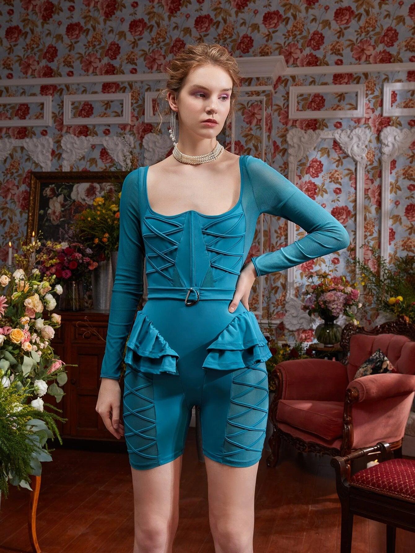 Crisscross Mesh Panel Ruffle Trim Backless Romper-Comfy Jumpsuits