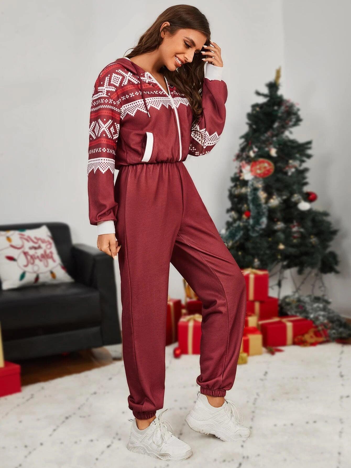 Geo Zip Up Drop Shoulder Jumpsuit-Comfy Jumpsuits