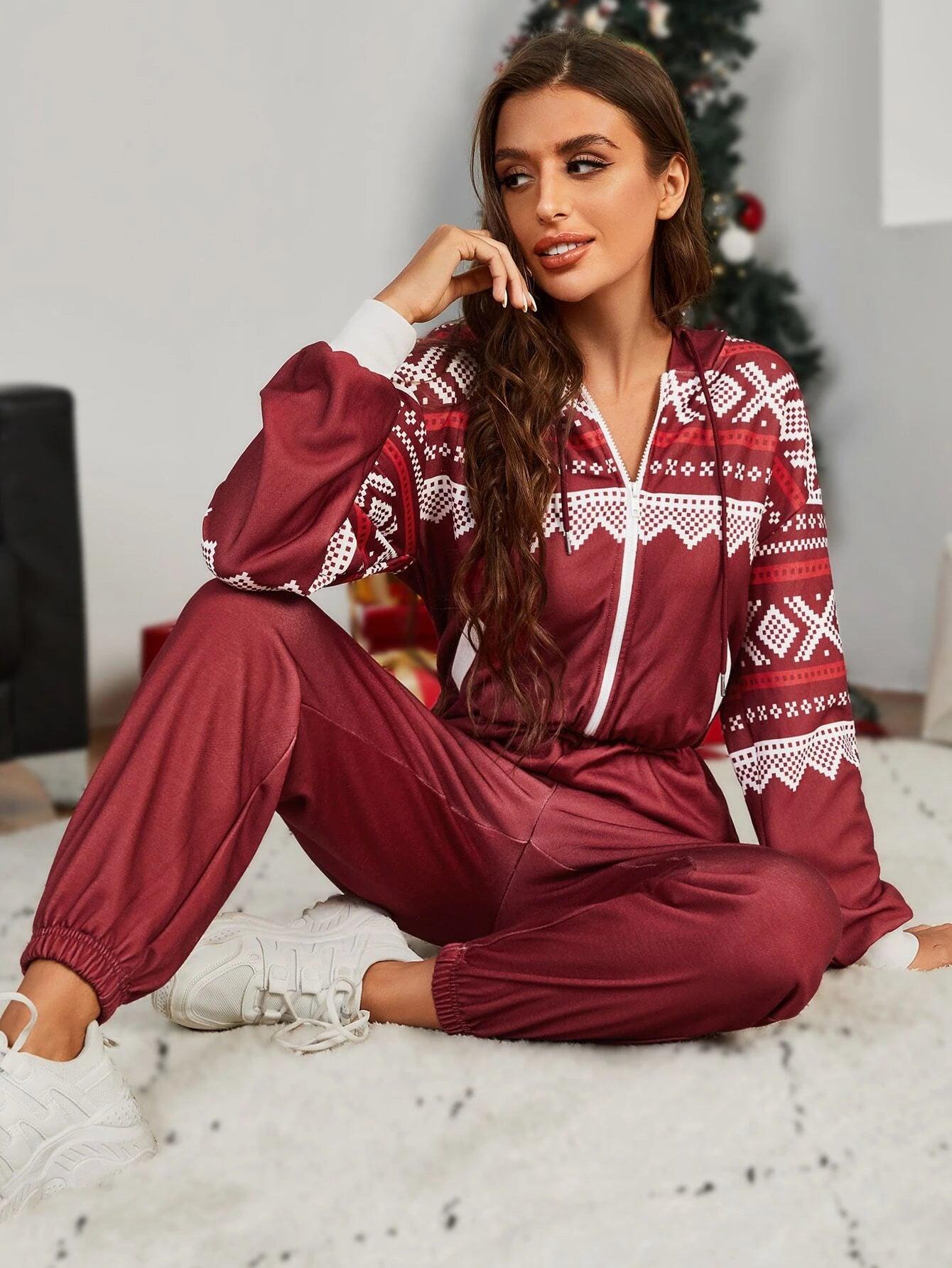 Geo Zip Up Drop Shoulder Jumpsuit-Comfy Jumpsuits