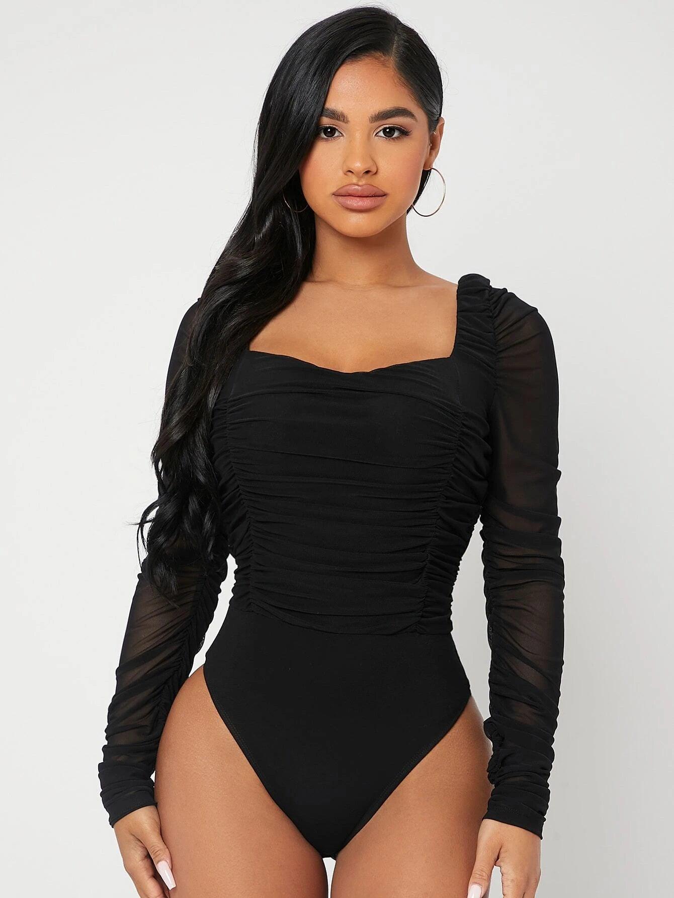 Contrast Panel Ruched Bodysuit-Comfy Jumpsuits