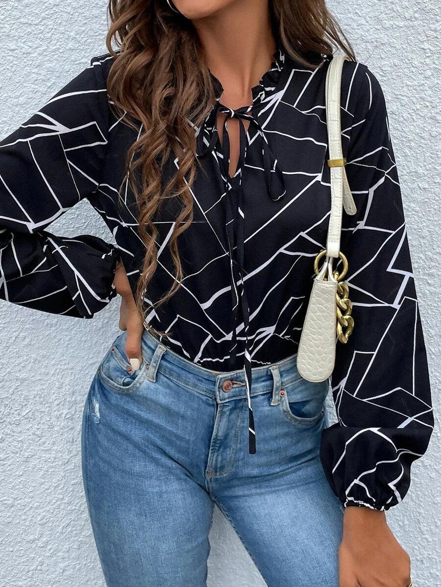 Geo Print Tie Neck Bodysuit-Comfy Jumpsuits