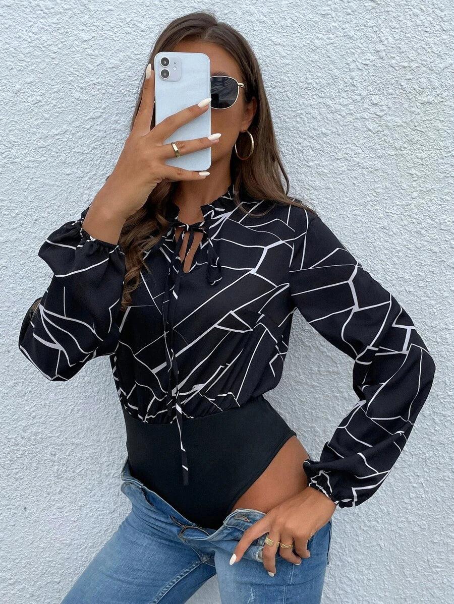 Geo Print Tie Neck Bodysuit-Comfy Jumpsuits