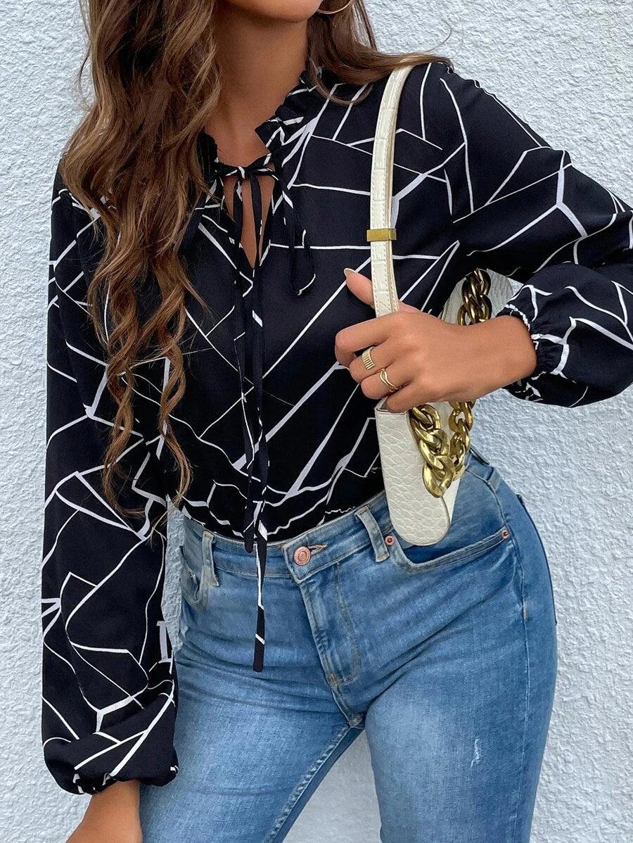 Geo Print Tie Neck Bodysuit-Comfy Jumpsuits