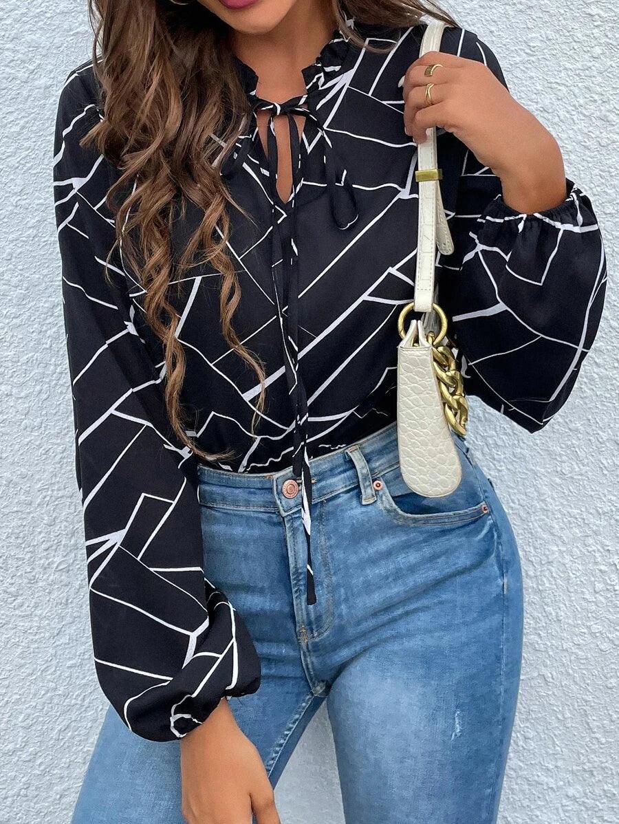 Geo Print Tie Neck Bodysuit-Comfy Jumpsuits