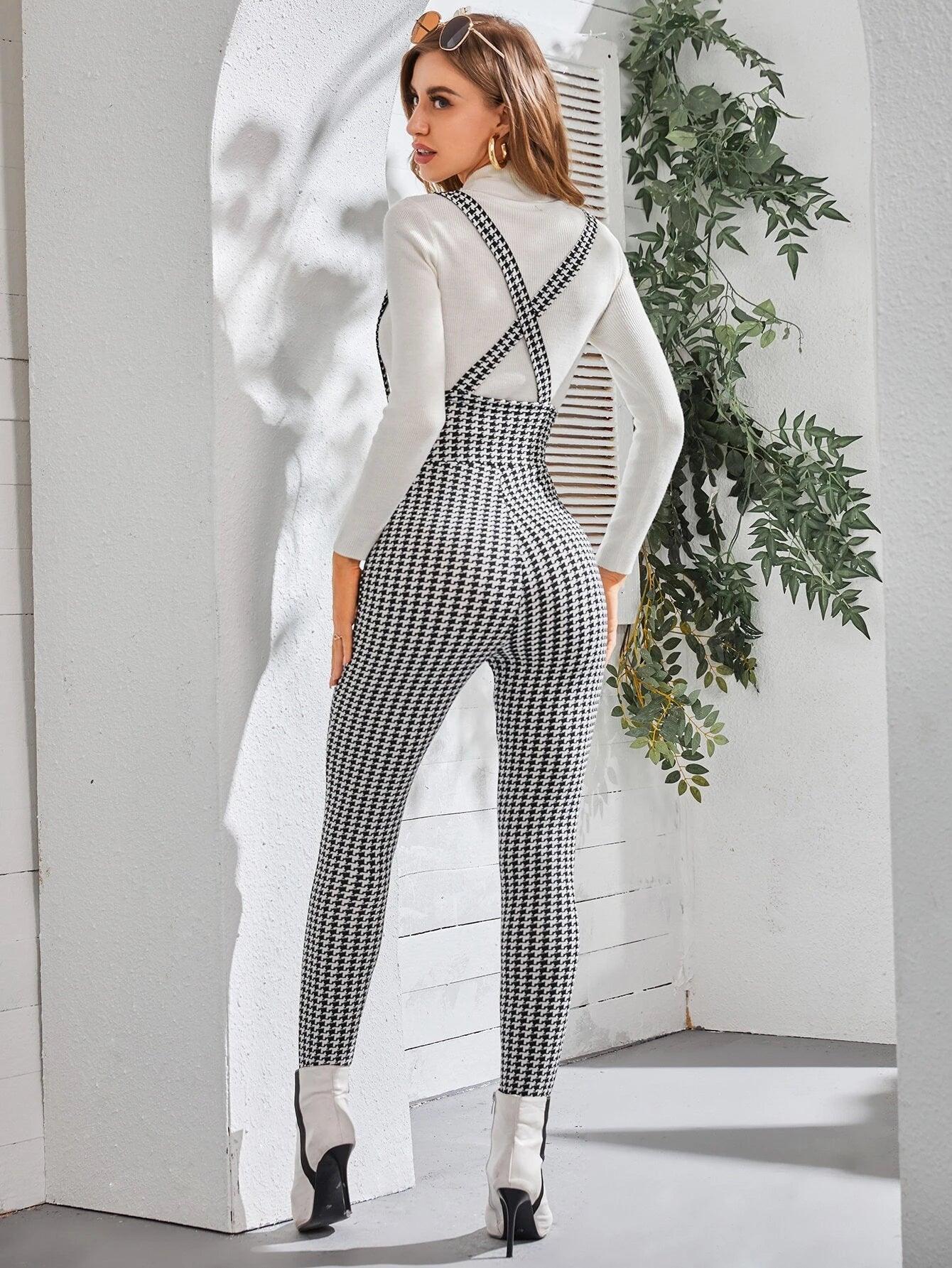 Houndstooth Print Criss Cross Jumpsuit-Comfy Jumpsuits