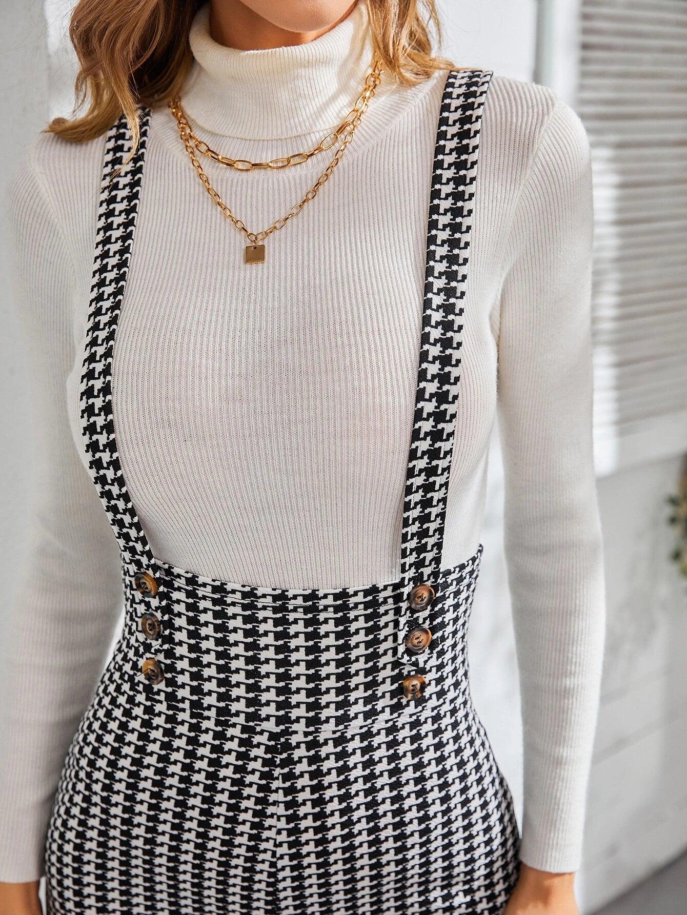 Houndstooth Print Criss Cross Jumpsuit-Comfy Jumpsuits