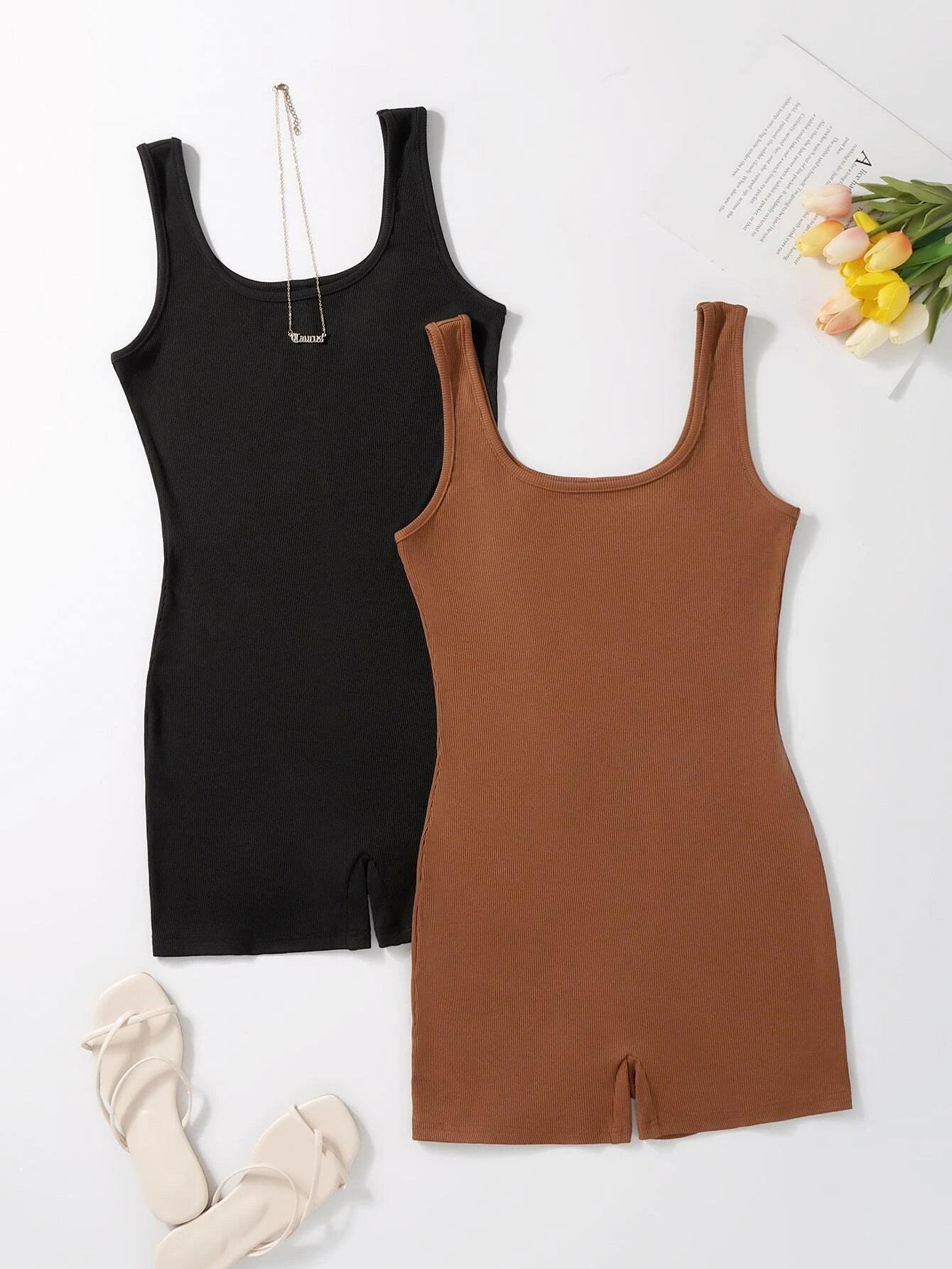 Sleeveless Ribbed Knit Tank Romper-Comfy Jumpsuits