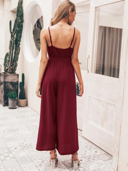 Split Thigh Wide Leg Belted Cami Jumpsuit-Comfy Jumpsuits