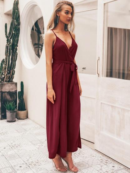 Split Thigh Wide Leg Belted Cami Jumpsuit-Comfy Jumpsuits