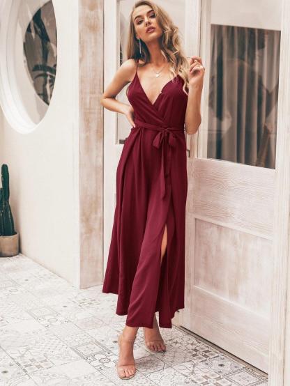Split Thigh Wide Leg Belted Cami Jumpsuit-Comfy Jumpsuits