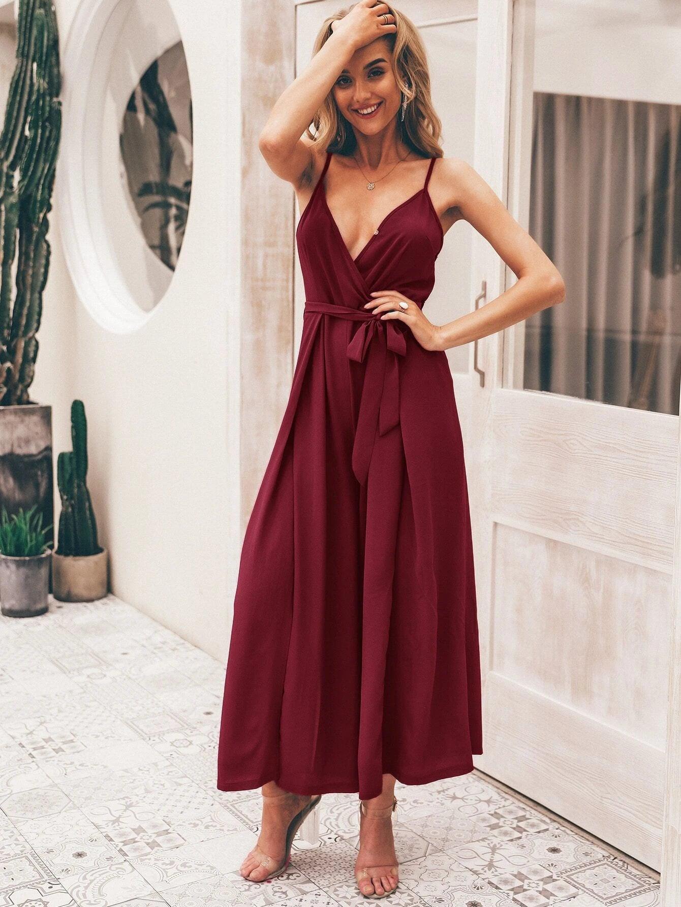 Split Thigh Wide Leg Belted Cami Jumpsuit-Comfy Jumpsuits