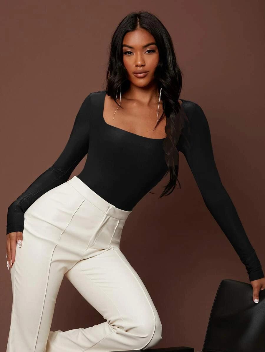 Solid Colored High Cut Slim Fit Bodysuit-Comfy Jumpsuits