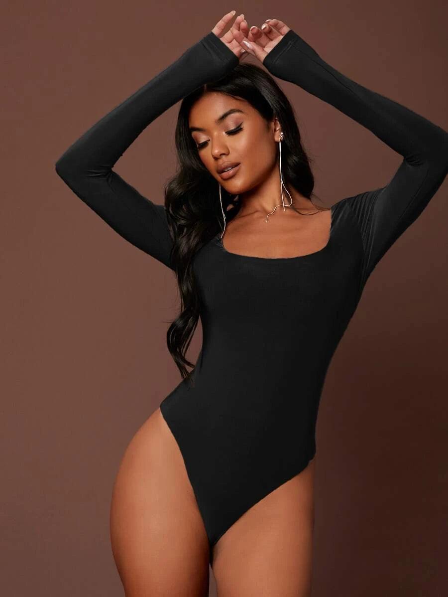 Solid Colored High Cut Slim Fit Bodysuit-Comfy Jumpsuits
