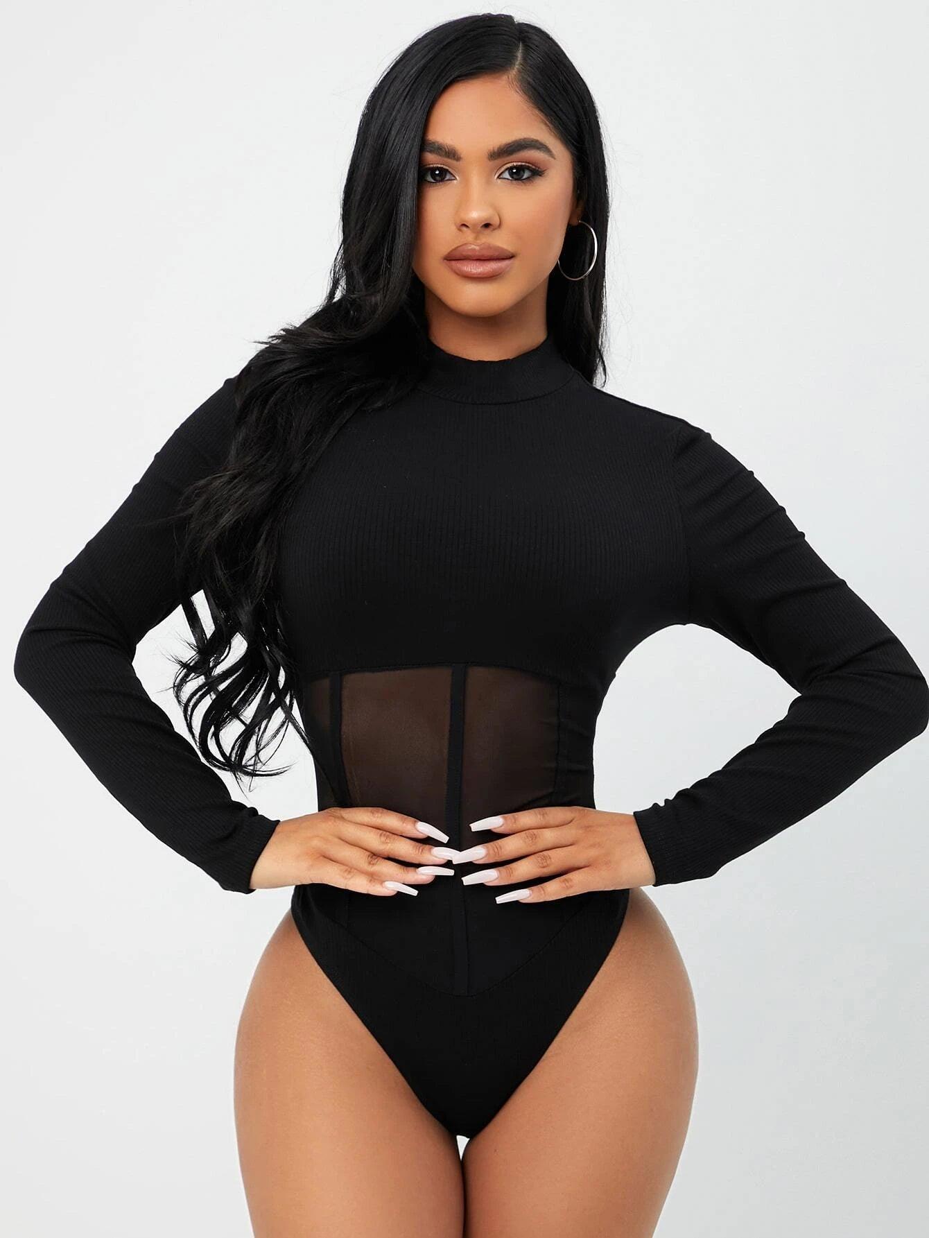 Plain Long Sleeve Mesh Bodysuit-Comfy Jumpsuits