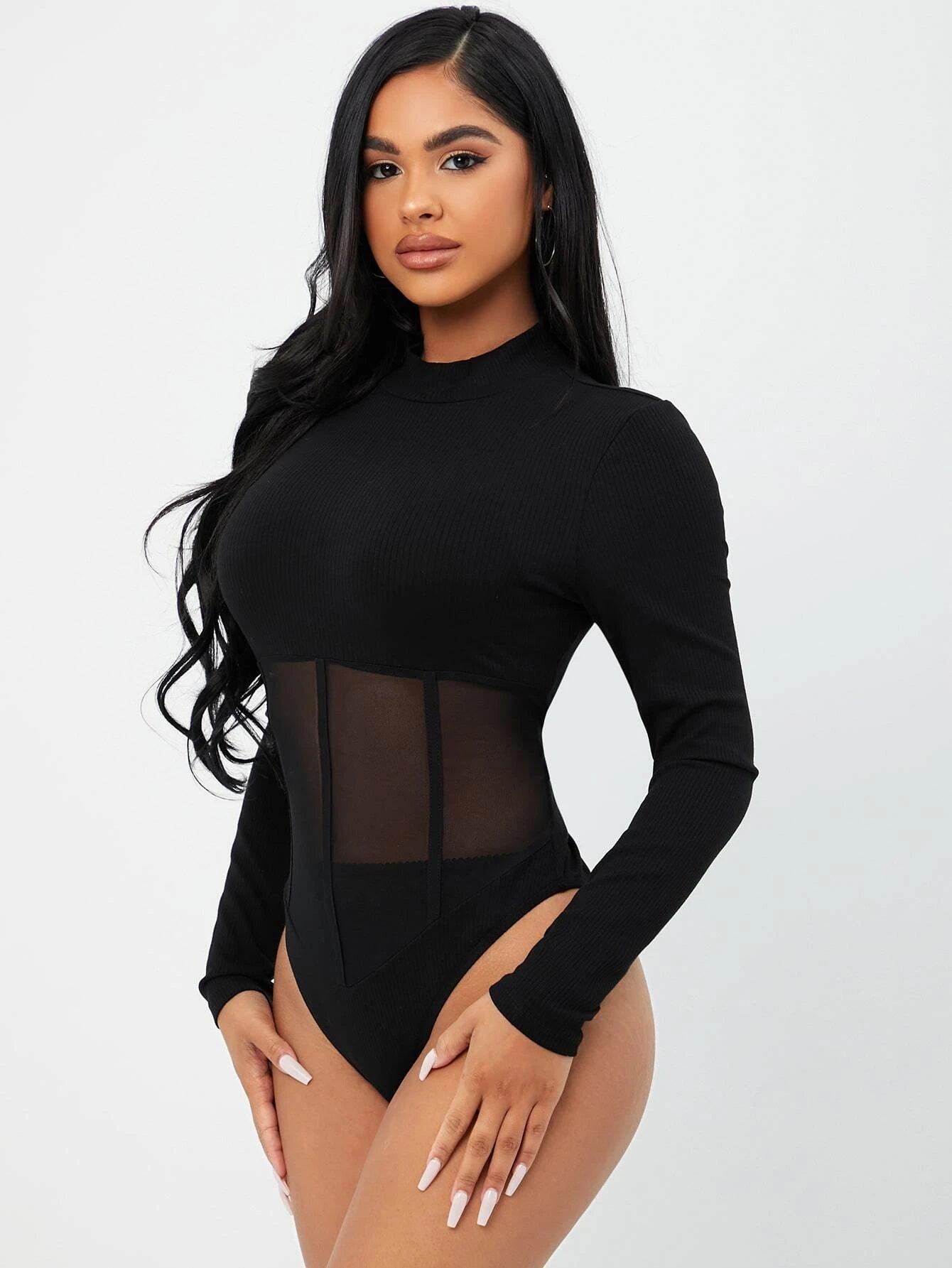 Plain Long Sleeve Mesh Bodysuit-Comfy Jumpsuits