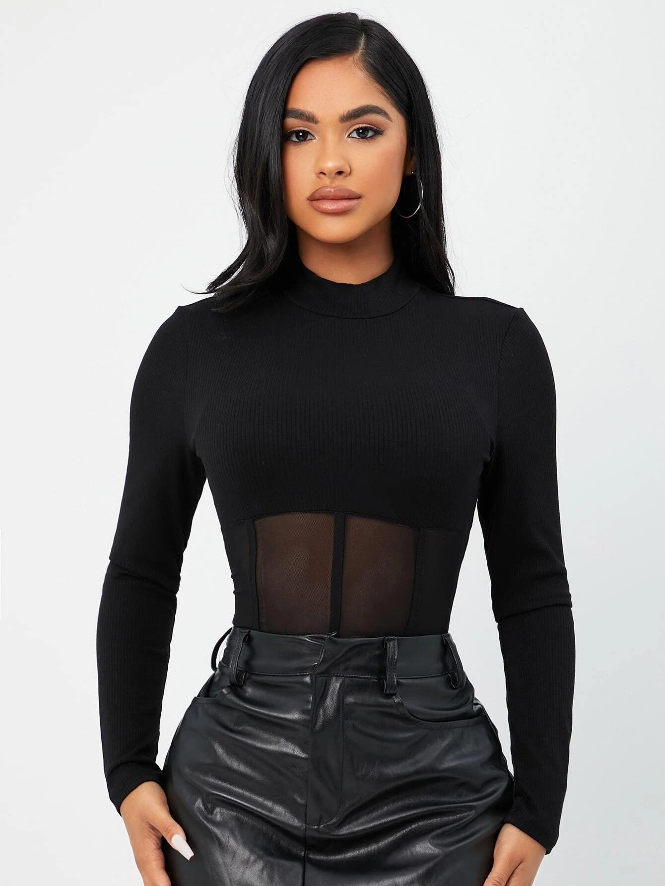 Plain Long Sleeve Mesh Bodysuit-Comfy Jumpsuits