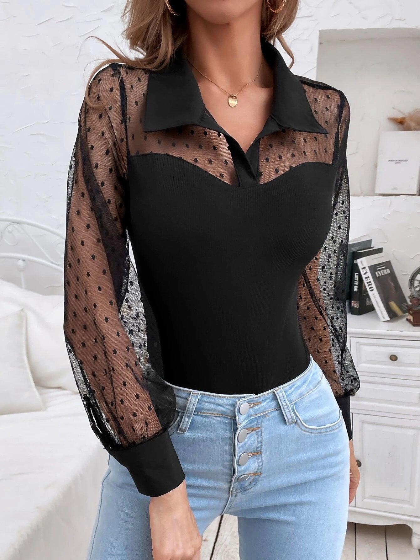 Contrast Mesh Button Bodysuit-Comfy Jumpsuits
