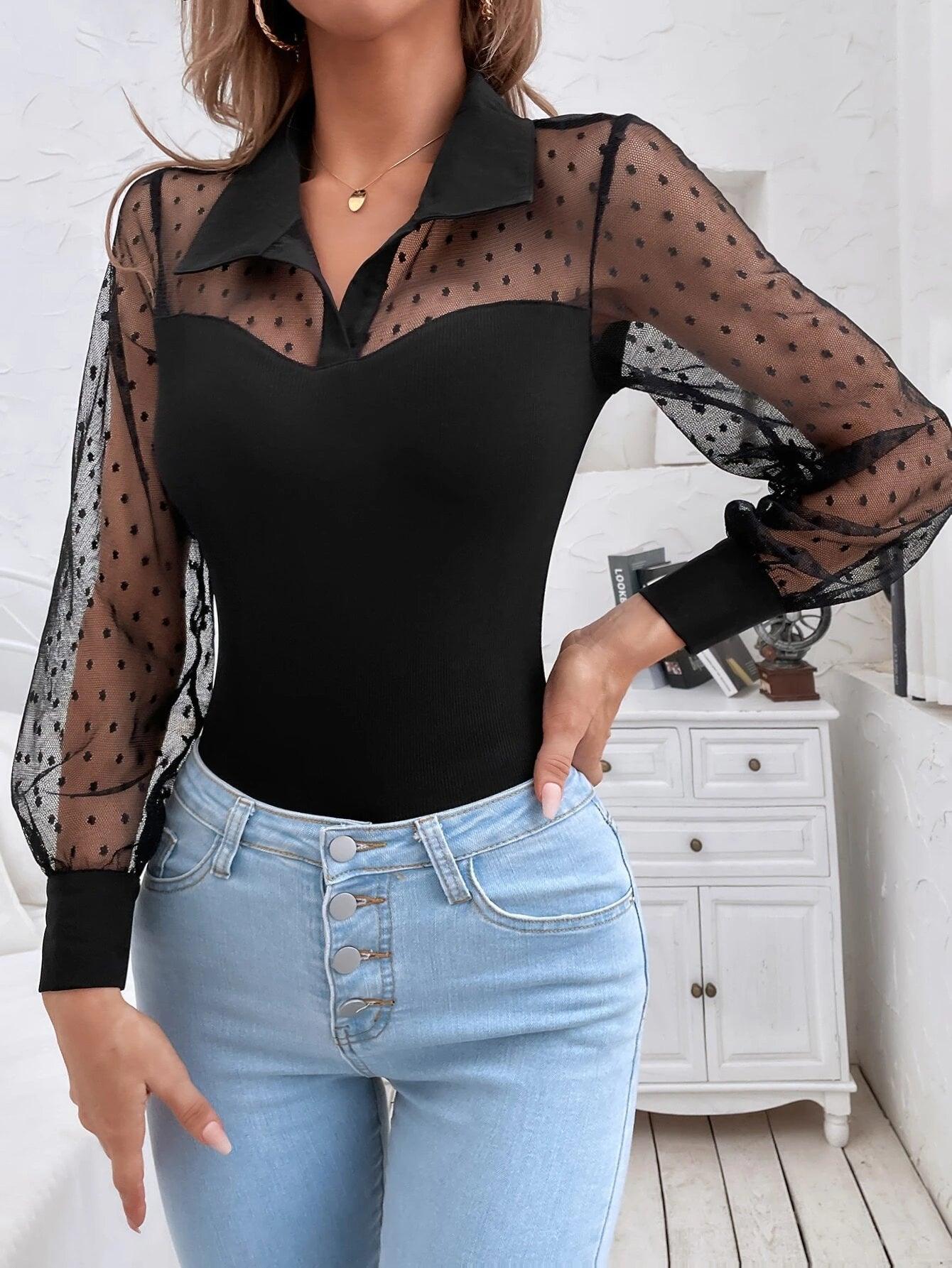 Contrast Mesh Button Bodysuit-Comfy Jumpsuits