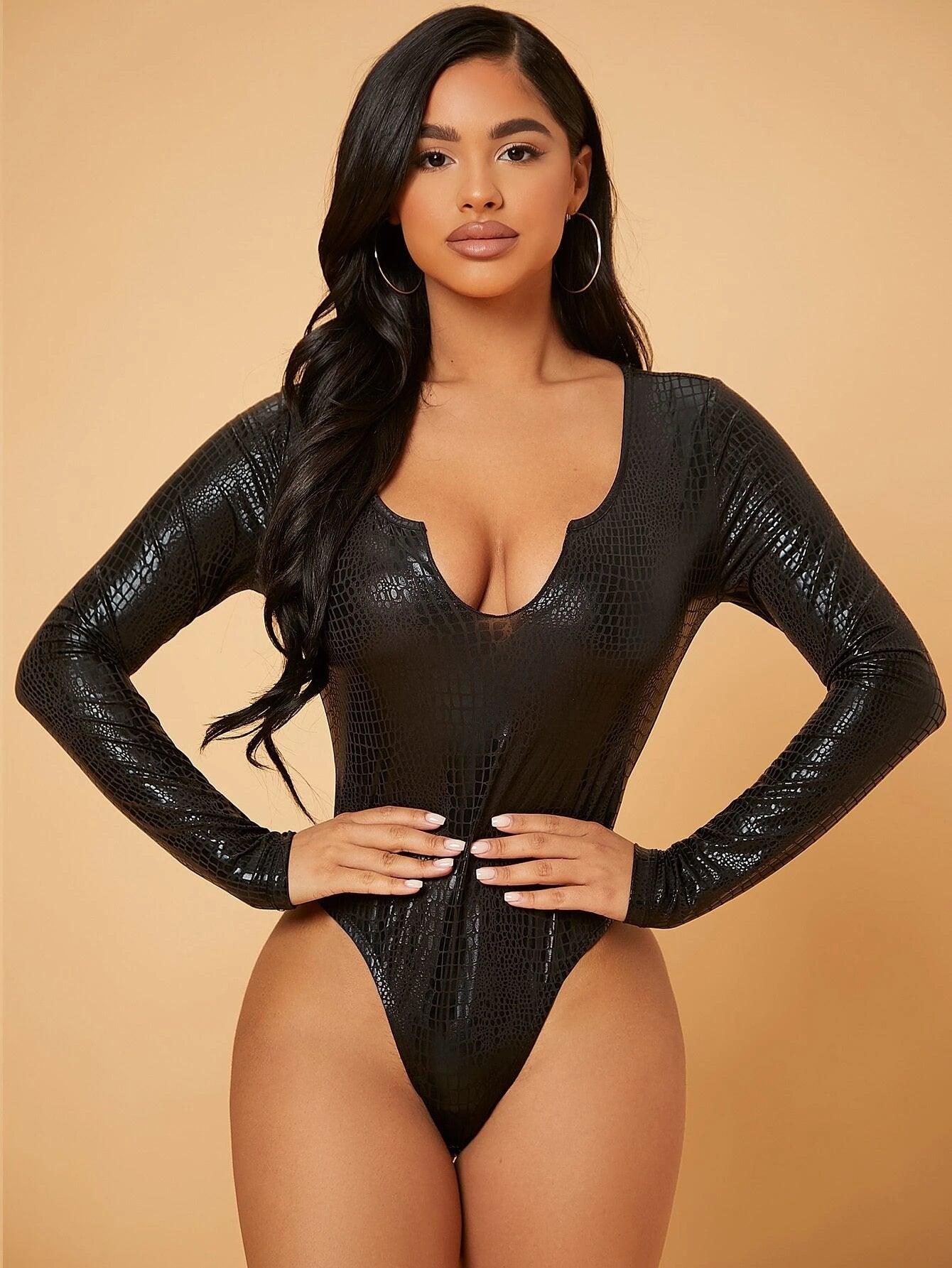 Snakeskin Print Notched Leather Like Bodysuit-Comfy Jumpsuits