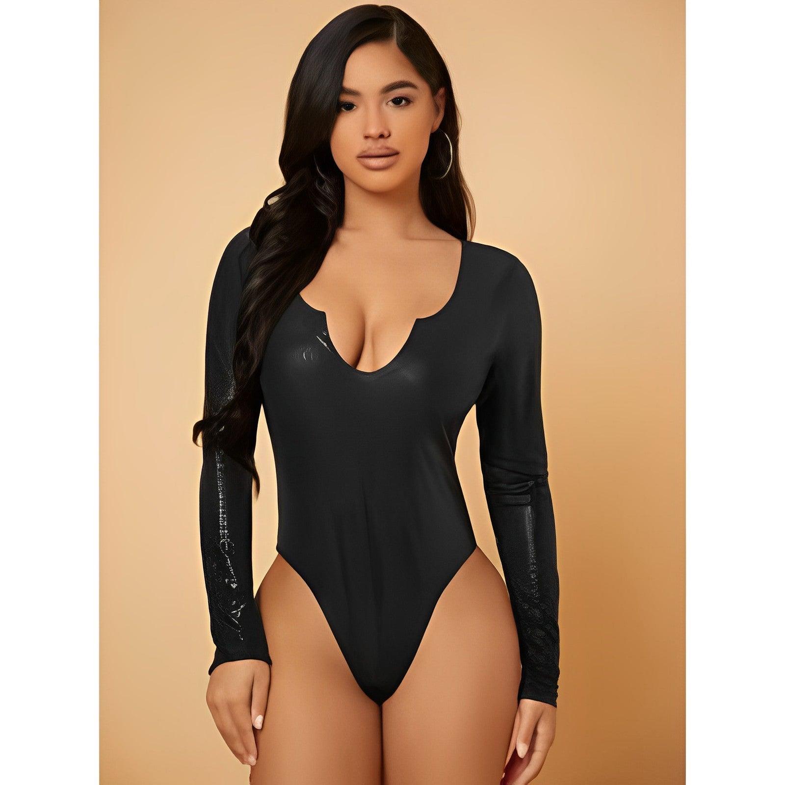 Snakeskin Print Notched Leather Like Bodysuit-Comfy Jumpsuits