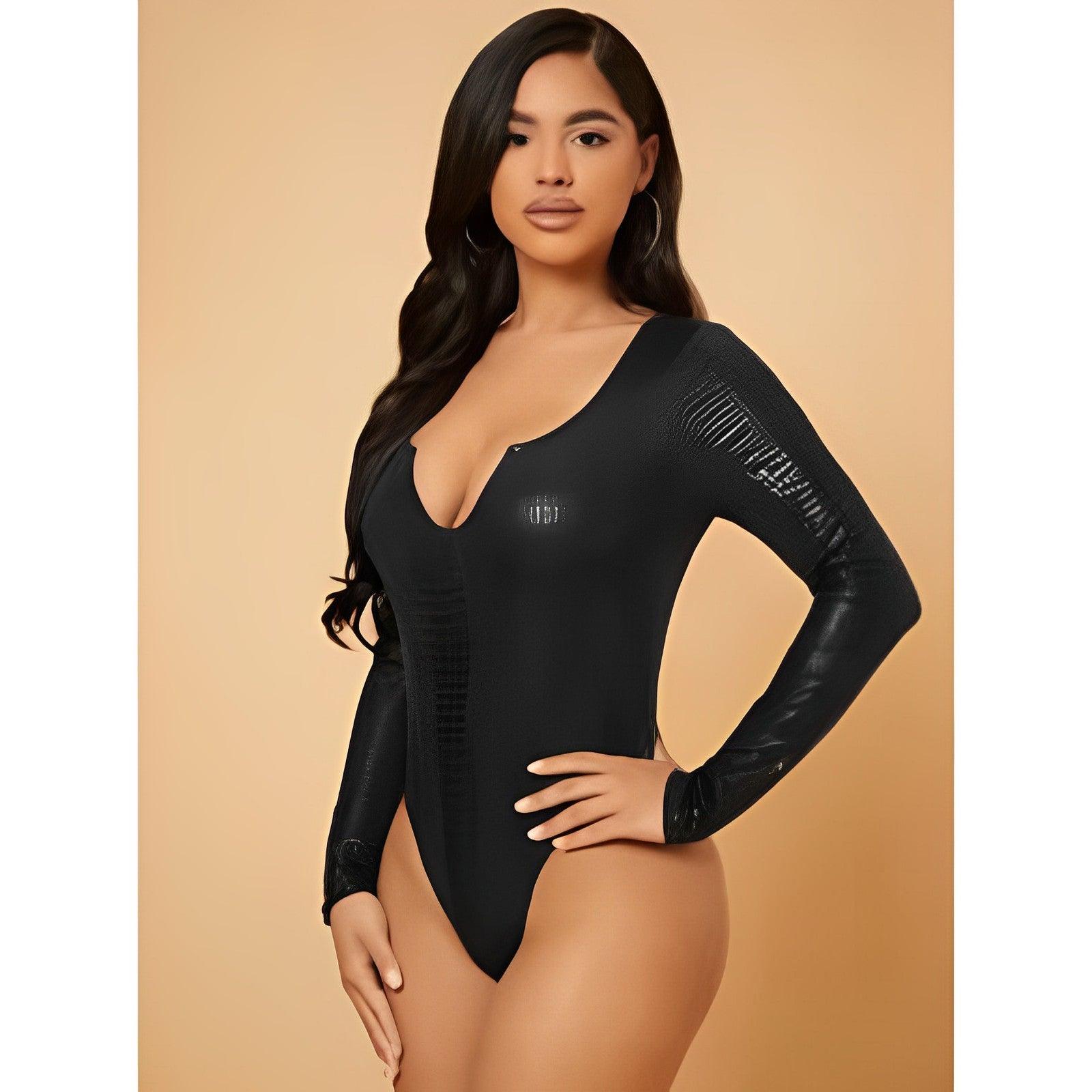 Snakeskin Print Notched Leather Like Bodysuit-Comfy Jumpsuits